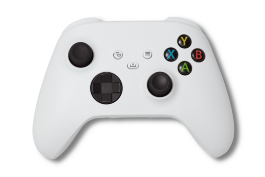 photo of used white gamepad console controller isolated over a transparent background, gaming design elements, flat lay / top view with subtle shadow
