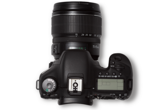 photo of used modern black DSLR camera isolated over a transparent background, cutout photography design elements, flat lay / top view with subtle shadow