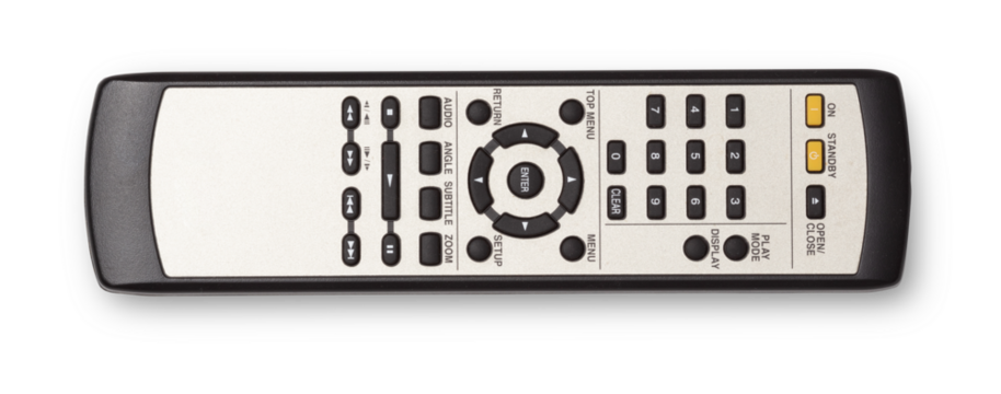 photo of used modern av receiver / home theater remote control isolated over a transparent background, cutout design elements, flat lay / top view with subtle shadow