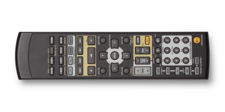 photo of used modern av receiver / home theater remote control isolated over a transparent background, cutout design elements, flat lay / top view with subtle shadow