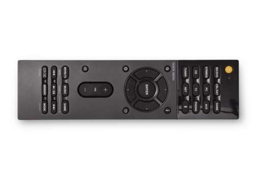 photo of used modern av receiver / home theater remote control isolated over a transparent background, cutout design elements, flat lay / top view with subtle shadow