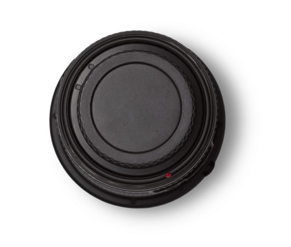 photo of modern black DSLR or mirrorless closed camera lens isolated over a transparent background, cutout photography design elements, flat lay / top view with subtle shadow