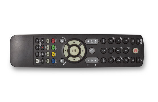 photo of used modern tv / home theater / smart tv box remote control isolated over a transparent background, cutout design elements, flat lay / top view with subtle shadow