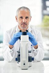 Senior man, microscope and portrait of scientist in forensic science, breakthrough or discovery at laboratory. Serious male person, medical or healthcare professional in scientific research at a lab