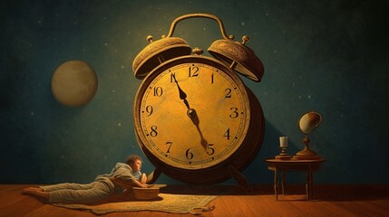 Concept of insomnia. Person does not sleep next to large alarm clock. AI generated.