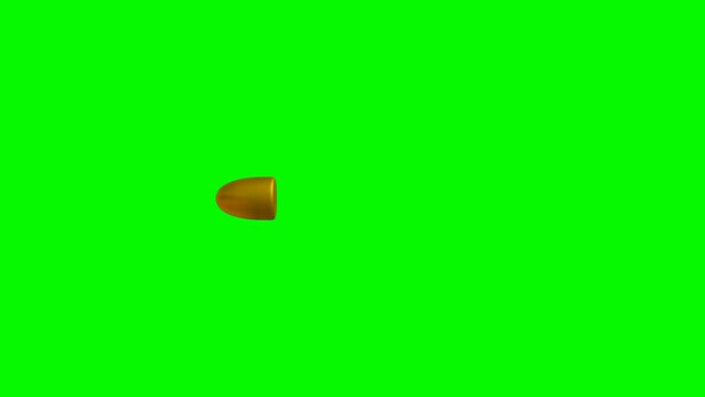 Realistic flying 9mm bullet in slow motion on green screen chroma key. Fired slow motion pistolet bullet. Gunshot. 4K UHD 3840x2160 loop 3D render high quality.