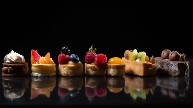 Various bakery cakes with fruit and chocolate, cream, black background, isolation. AI generated.