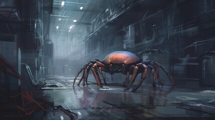 A robotic crab scurrying across the floor of a factory. Fantasy concept , Illustration painting. Generative AI - obrazy, fototapety, plakaty