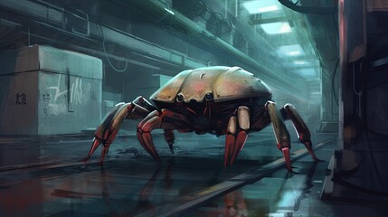 A robotic crab scurrying across the floor of a factory. Fantasy concept , Illustration painting. Generative AI - obrazy, fototapety, plakaty