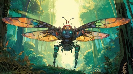 A robotic dragonfly flying through a magical forest. Fantasy concept , Illustration painting. Generative AI