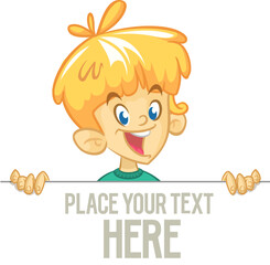 Cute cartoon kid holding blank paper or advertisement board for text. Vector ilustration isolated