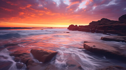 Obraz premium Capture the serene beauty of a beach sunset, with vibrant hues of orange and pink reflecting on the calm ocean waves, using a wide-angle lens during golden hour 