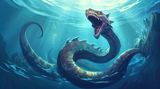 A sea serpent swimming in the ocean. Fantasy concept , Illustration painting. Generative AI