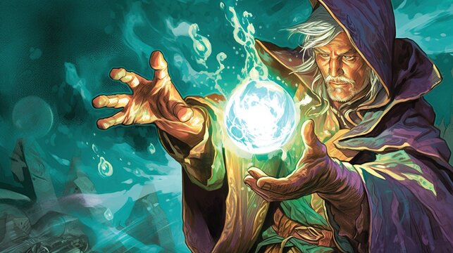 A sorcerer casting a spell with arcane power. Fantasy concept , Illustration painting. Generative AI