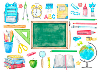 Back to School is a large, brightly colored, colorful element set. Hand-painted watercolor illustration. School supplies, blackboard, briefcase, globe, books and notebooks, alarm clock, scissors.
