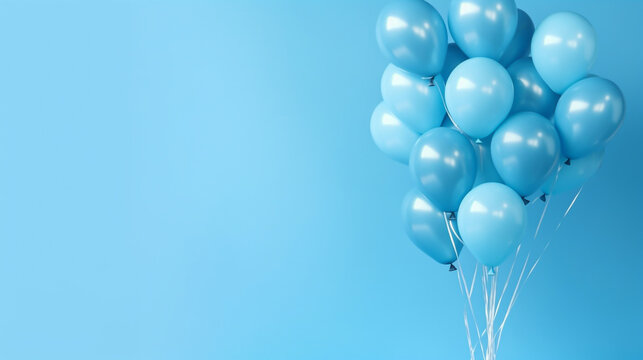 A generative AI image of blue helium party balloons floating on a blue background
