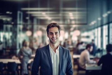 young businessman in a modern office open space, ai tools generated image