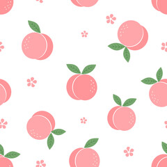 Seamless pattern of peach fruit with green leaves on white background vector illustration. Cute fruit print.