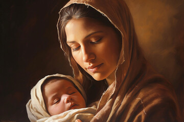 Sarah, the matriarch of faith, with a graceful demeanor and wise eyes, cradling a newborn Isaac in her arms Generative AI
