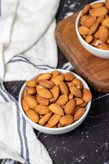 Almond. Almond in ceramic bowl. superfood. Vegetarian food concept. healthy snacks
