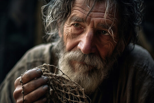 Peter, the impulsive yet loyal disciple, with rough hands and a weathered face, holding a fishing net, bokeh Generative AI