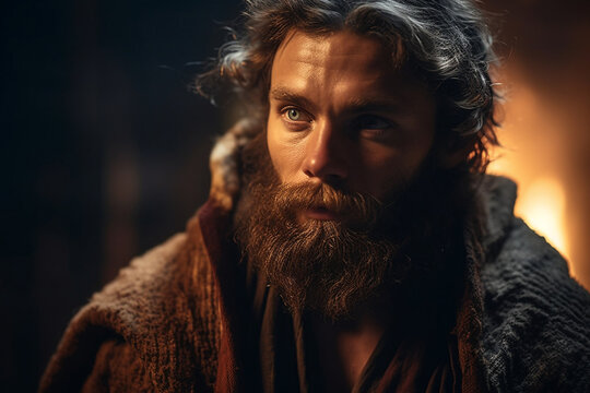 Elijah, the bold and zealous prophet, with a flowing beard and intense eyes, dressed in a cloak of animal skin, bokeh Generative AI