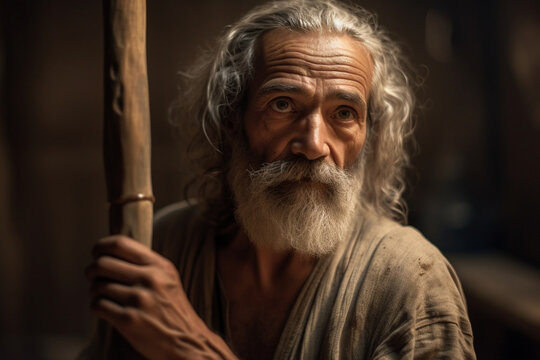 Joseph, the righteous and humble carpenter, with strong hands and a thoughtful gaze, holding a wooden staff, bokeh Generative AI