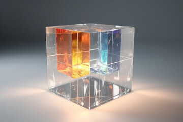 Transparent glass cube illuminated with light and reflects colorful light. Glass cube geometric shapes with light diffraction of spectrum colors and complex reflection background. Generative AI