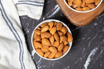 Almond. Almond in ceramic bowl. superfood. Vegetarian food concept. healthy snacks. Top view