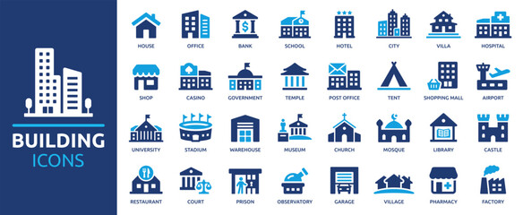 Building icon set. Containing house, office, bank, school, hotel, shop, university and hospital icons. Solid icon collection. Vector illustration. - obrazy, fototapety, plakaty