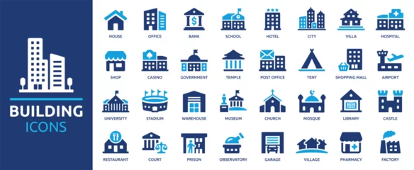 Fotobehang Building icon set. Containing house, office, bank, school, hotel, shop, university and hospital icons. Solid icon collection. Vector illustration. © Icons-Studio