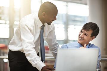 Manager, help and employee with a laptop, planning or brainstorming with collaboration, teamwork or...