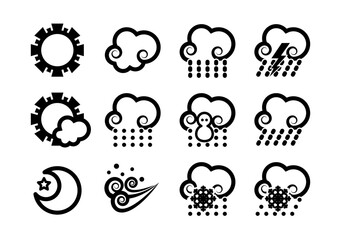 天気のマーク　モノクロ線画アイコンセット