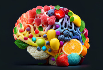 Fototapeta na wymiar Human brain made of vegetables and fruits on black background. 3d illustration