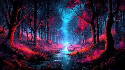 A surreal forest with trees made of neon lights. Fantasy concept , Illustration painting. Generative AI