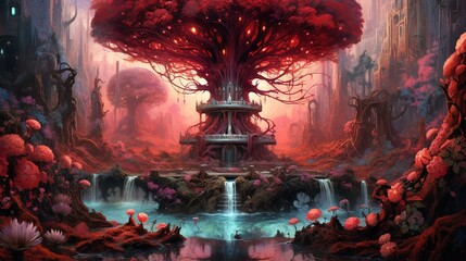 A surreal garden with colorful fountain and waterfall. Fantasy concept , Illustration painting. Generative AI
