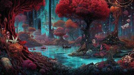 A surreal garden with a river made of glass. Fantasy concept , Illustration painting. Generative AI