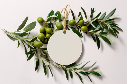 Elegant Olive Circle Label: Mockup Featuring Olives and Olive Branches (Generative Ai)