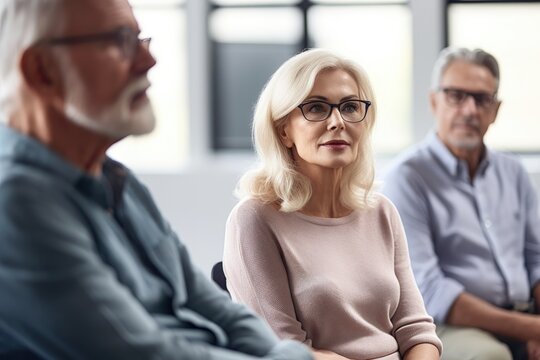 shot of a mature couple sitting and looking at their teacher during an adult education class, created with generative ai