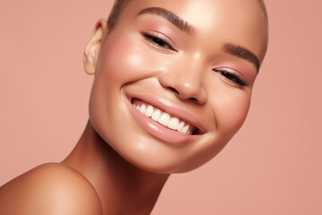 Obraz premium Closeup of happy young African woman on pink background. Generative AI.