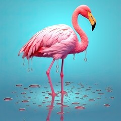 Exotic pink bird splashing on colored water. Generative AI