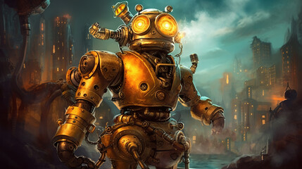 A steampunk robot powered by magic. Fantasy concept , Illustration painting. Generative AI
