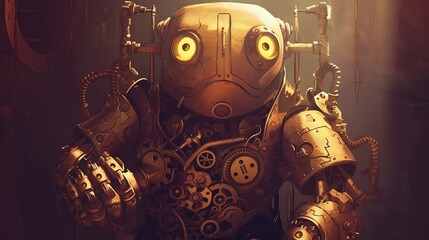 A steampunk robot with gears and rivets. Fantasy concept , Illustration painting. Generative AI
