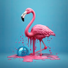 Exotic pink bird splashing on colored water. Generative AI