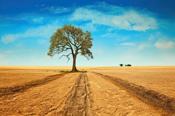 Naklejka premium Lonely tree on drought crack land. Climate change concept. Generative AI