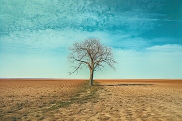 Lonely tree on drought crack land. Climate change concept. Generative AI