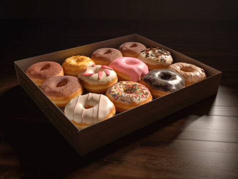 Box full of doughnuts, a dozen donuts Generative AI