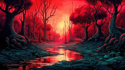 Fototapeta na wymiar A surreal forest with a river made of lava. Fantasy concept , Illustration painting. Generative AI