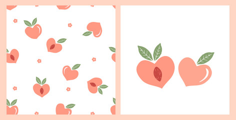 Seamless pattern of peach fruit with green leaves and cute flower on white background. Peach fruit icon isolated on white background vector illustration.