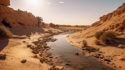 Fototapeta na wymiar Drought-stricken landscape, with dried up river. Generative AI